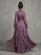 Demetria | Sukienka maxi z falbanami i wiązaniem przy szyi