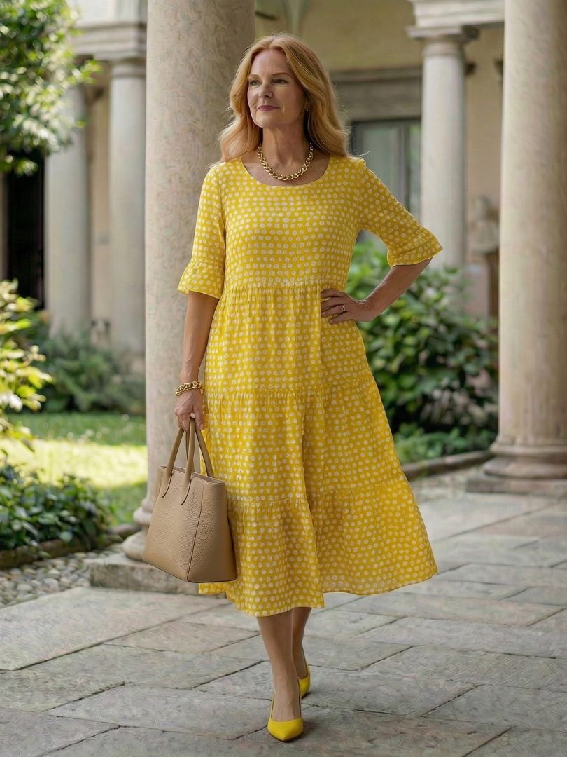 Arlo | Sukienka midi w groszki z falbanami, krótki rękaw