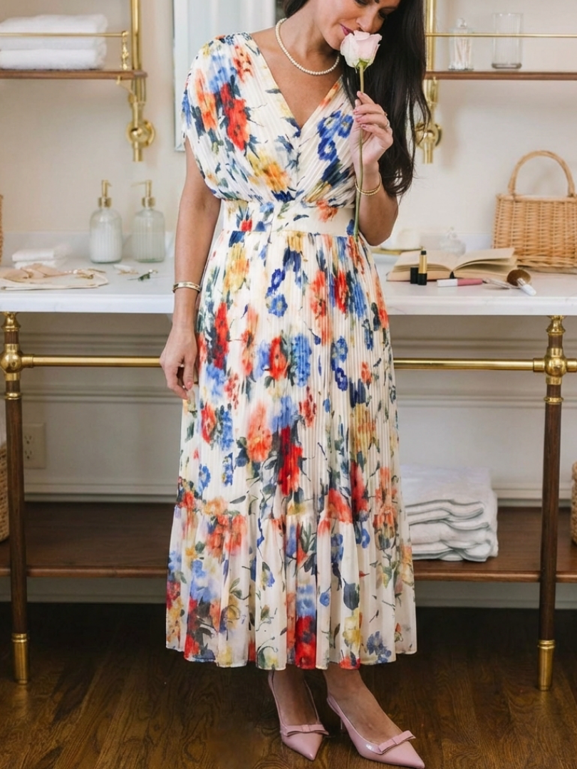 Savannah | Krótka Sukienka Midi z Faldami i Kwiatowym Wzorem