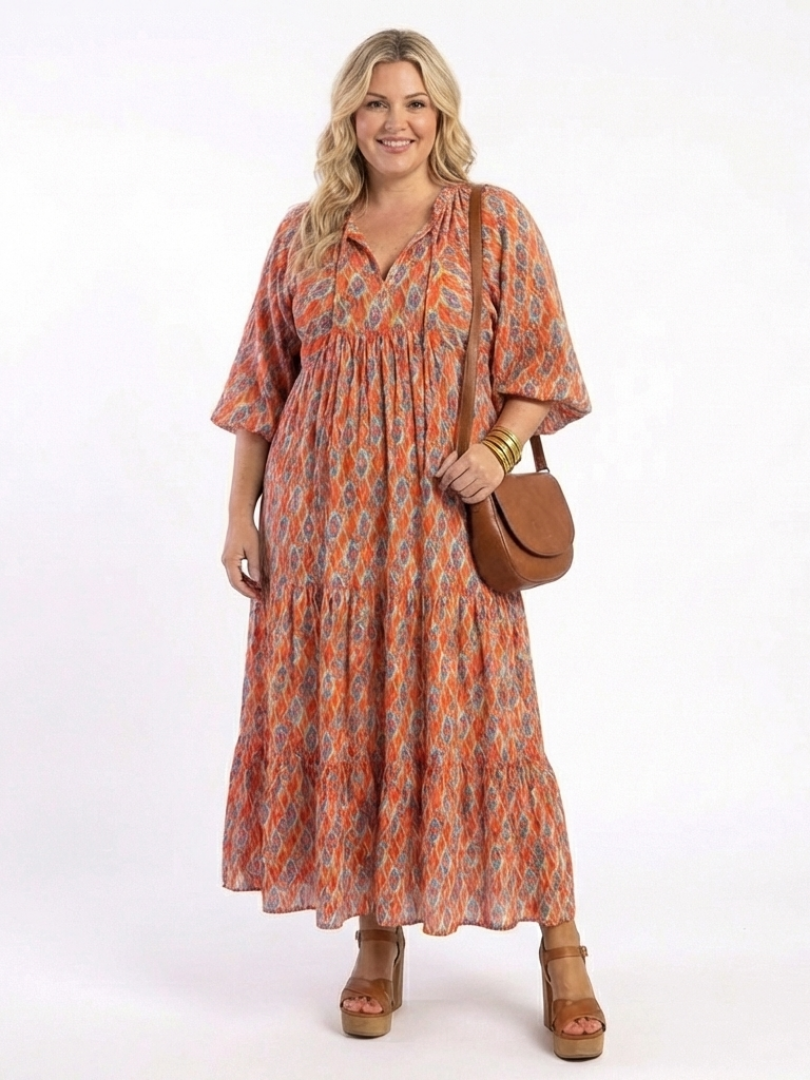 Amara | Sukienka midi z geometrycznym nadrukiem i dekoltem w serek