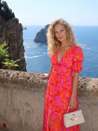 Wierzba | Kwiatowa Sukienka Midi z Dekoltem w Serek i Bufiastymi Rękawami