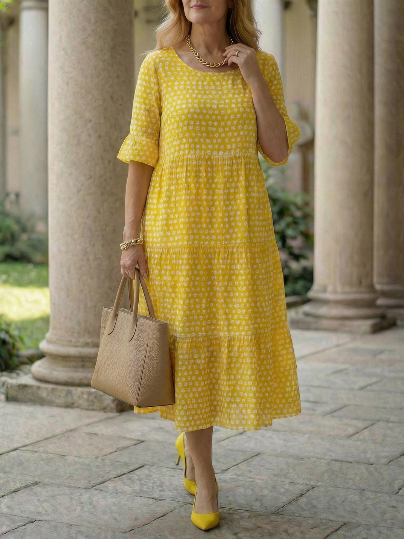 Arlo | Sukienka midi w groszki z falbanami, krótki rękaw