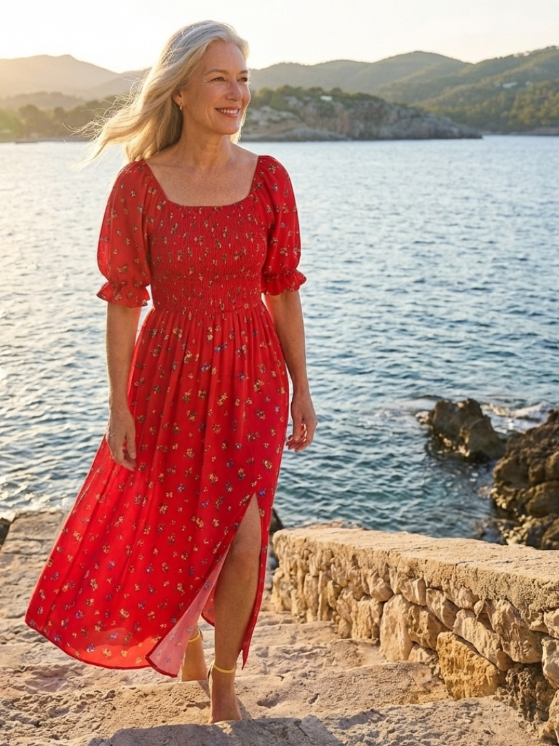 Delphine | Sukienka midi z kwadratowym dekoltem i bufkami