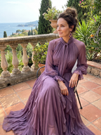 Demetria | Sukienka maxi z falbanami i wiązaniem przy szyi