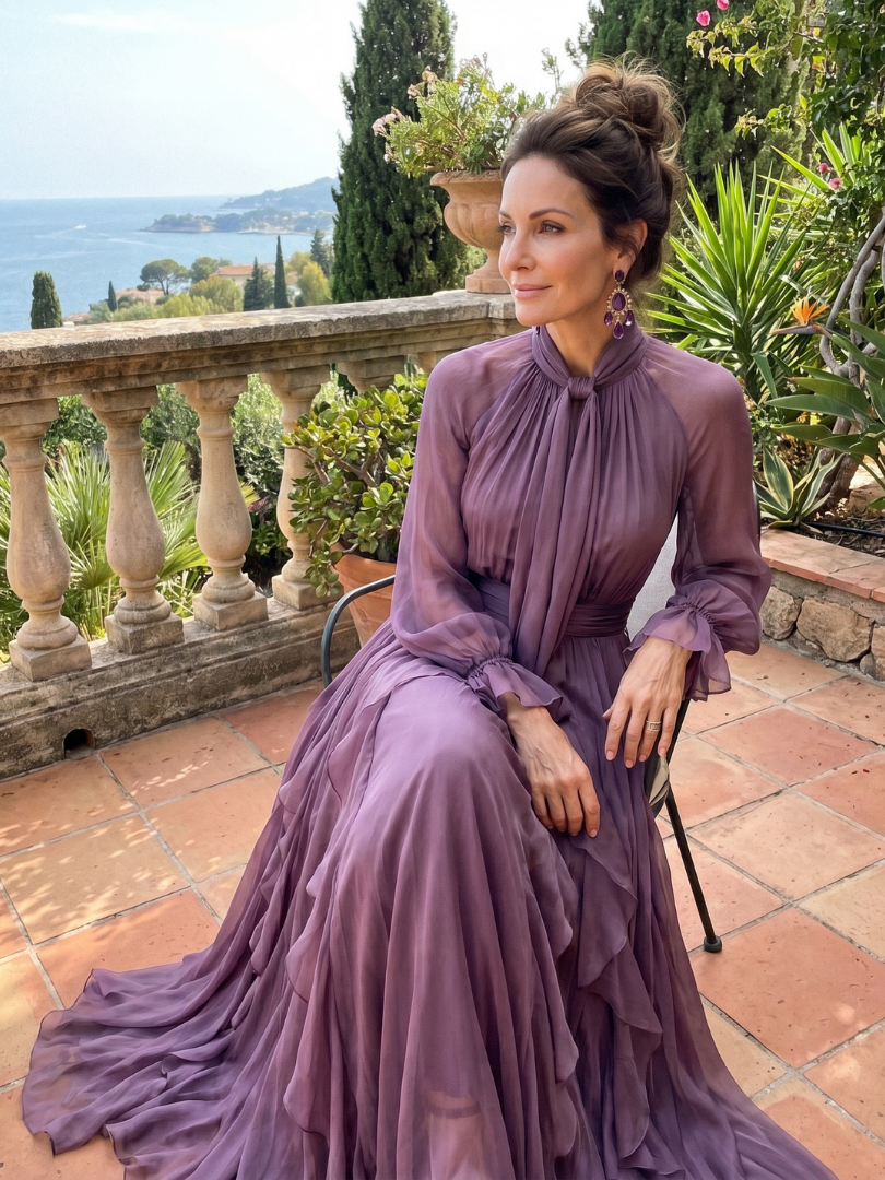 Demetria | Sukienka maxi z falbanami i wiązaniem przy szyi