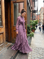 Demetria | Sukienka maxi z falbanami i wiązaniem przy szyi