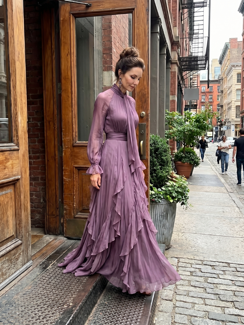 Demetria | Sukienka maxi z falbanami i wiązaniem przy szyi