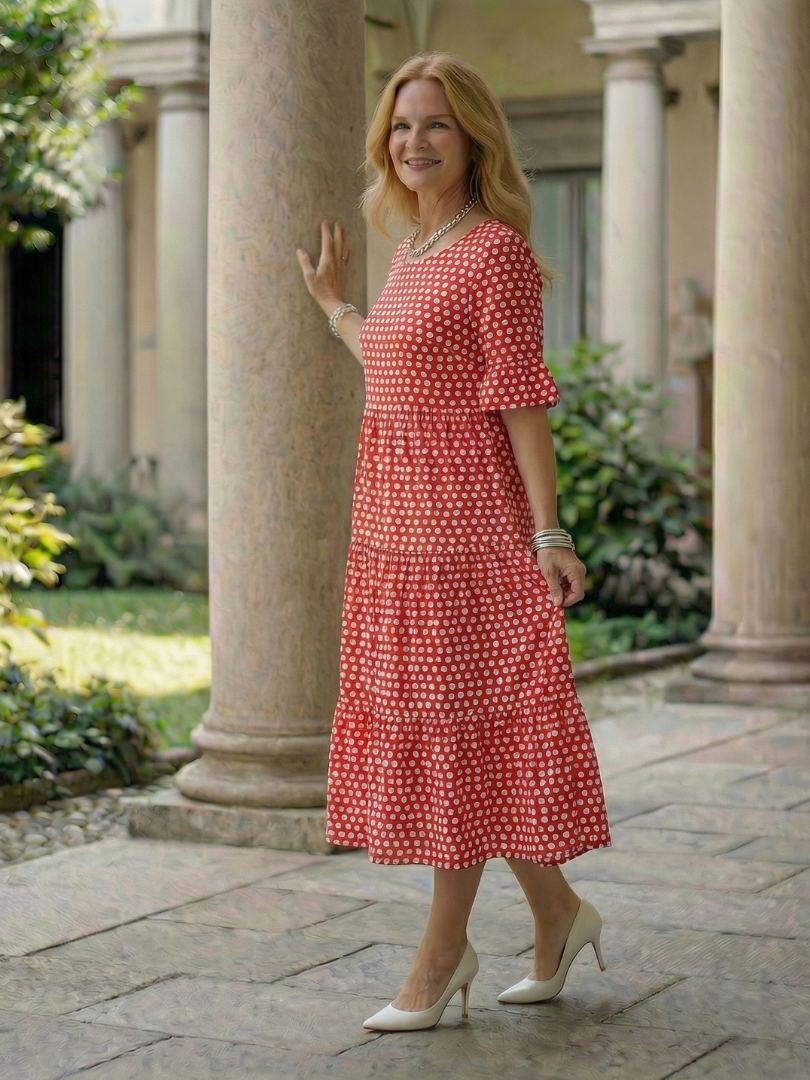 Arlo | Sukienka midi w groszki z falbanami, krótki rękaw