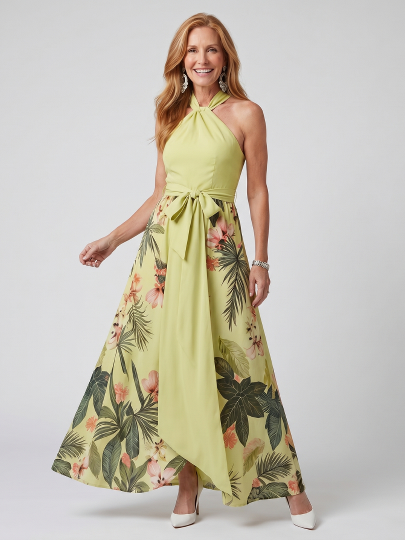 Łąka | Sukienka Maxi z Halterem i Botanicznym Panelem