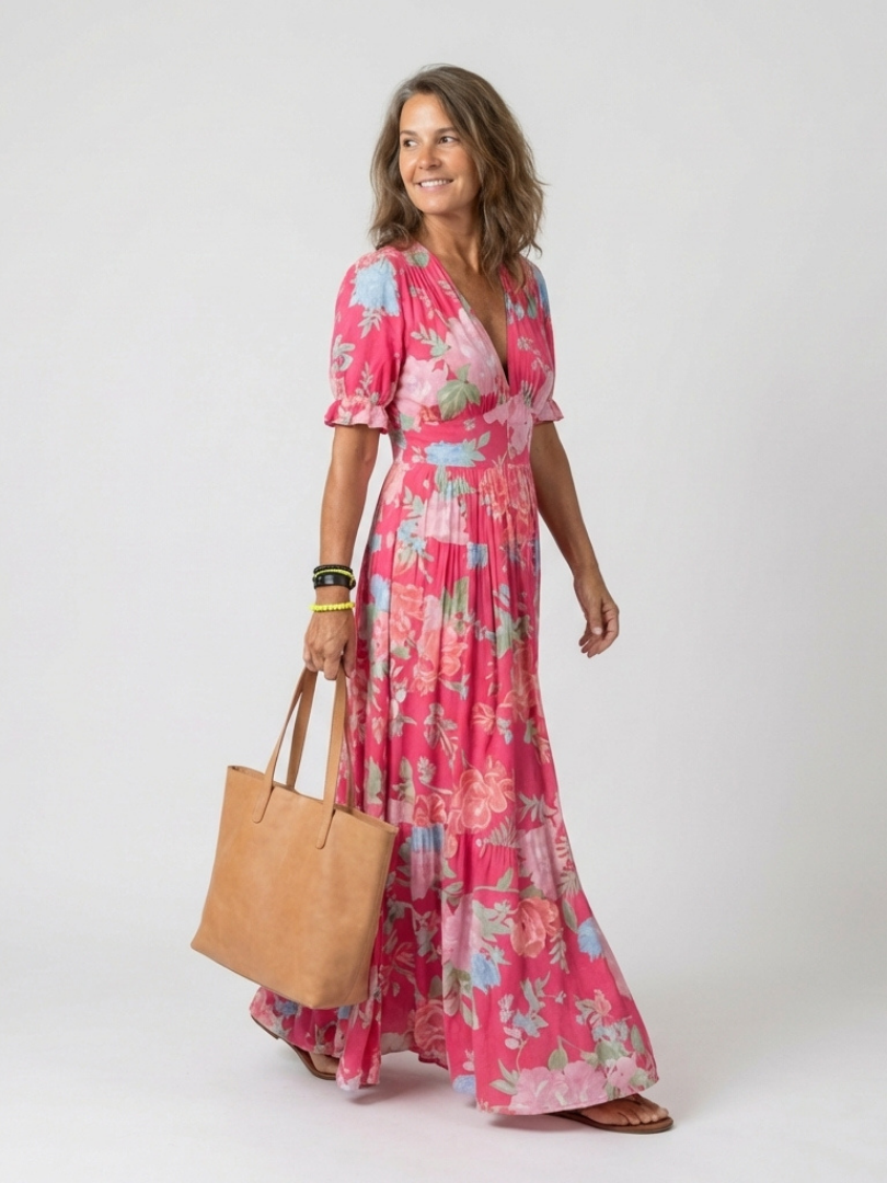 Ione | Sukienka midi z krótkim rękawem i dekoltem w serek w kwiaty