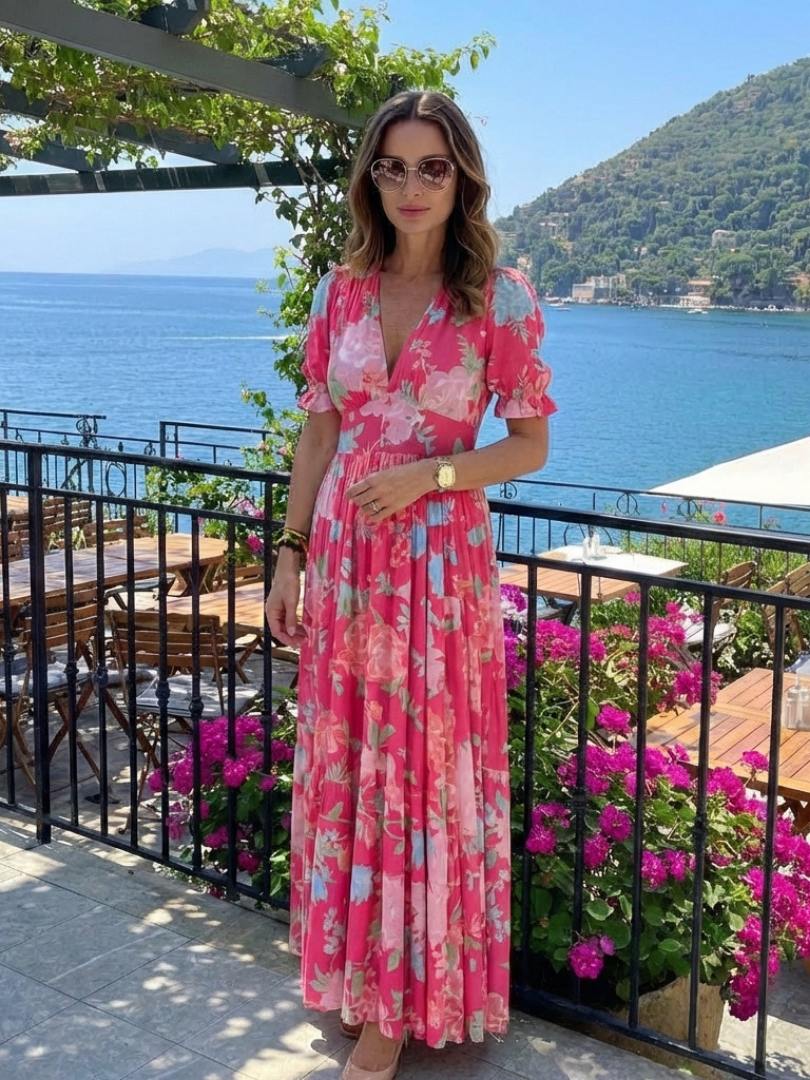 Ione | Sukienka midi z krótkim rękawem i dekoltem w serek w kwiaty