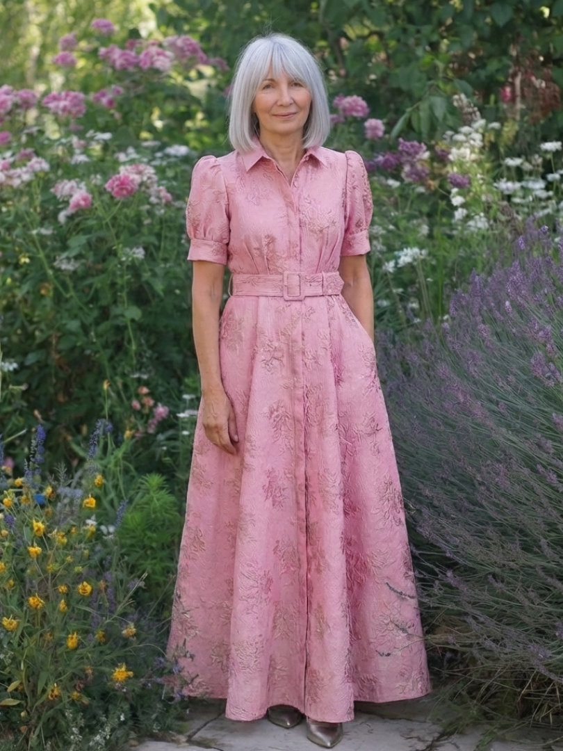 Xanthea | Sukienka koszulowa maxi z krótkim rękawem i paskiem w kwiaty