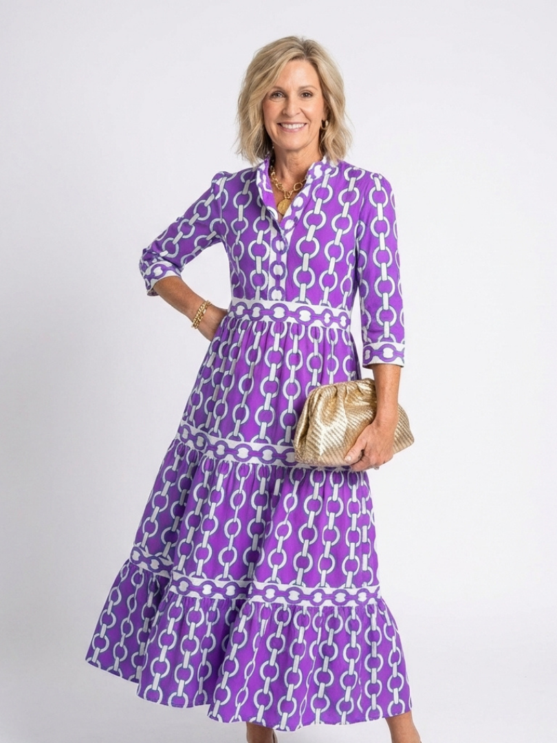 Ysolde | Sukienka midi z trzema ćwiartkami rękawów i wzorem łańcucha