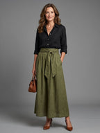 Vera | Dwuczęściowy zestaw czarna bluzka oliwkowa midi spódnica