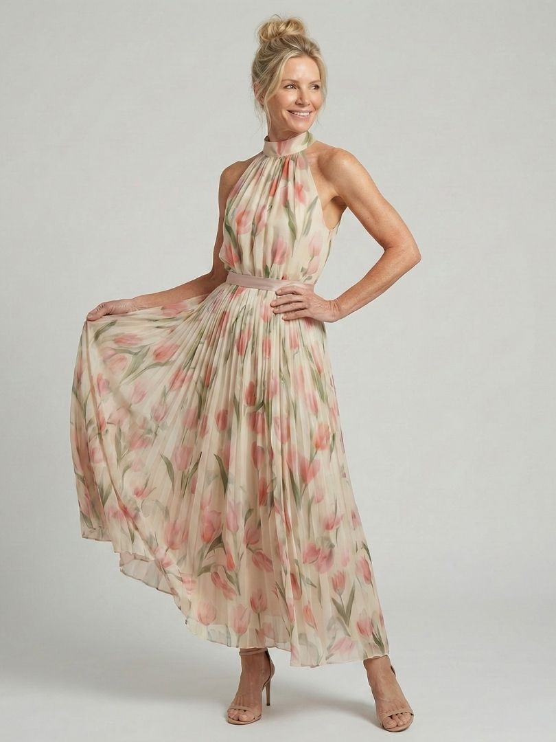 Aurelle | Sukienka Midi z Kwiatowym Wzorem na Halter