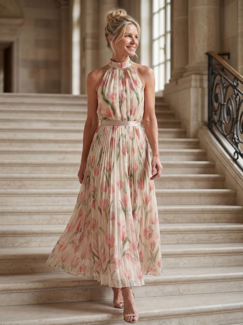 Aurelle | Sukienka Midi z Kwiatowym Wzorem na Halter