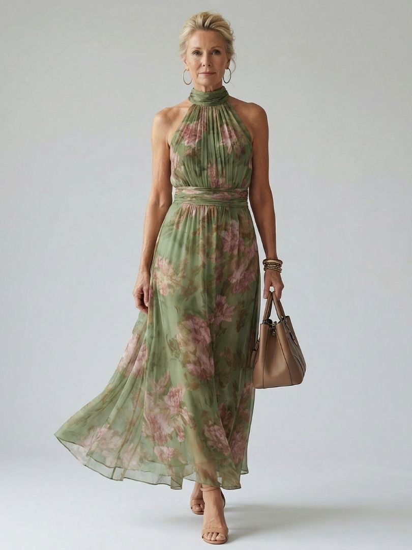 Mirelle | Midi Sukienka z Halterem i Marszczeniem