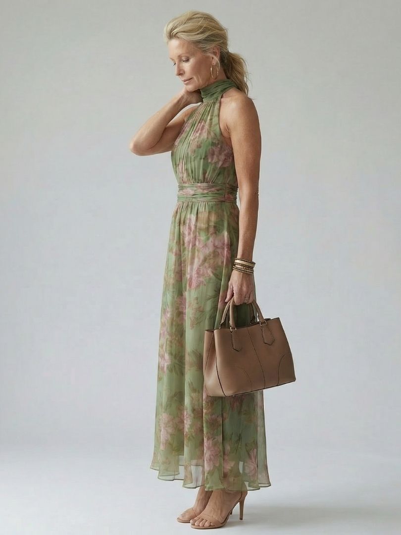 Mirelle | Midi Sukienka z Halterem i Marszczeniem