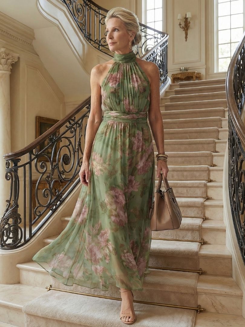 Mirelle | Midi Sukienka z Halterem i Marszczeniem