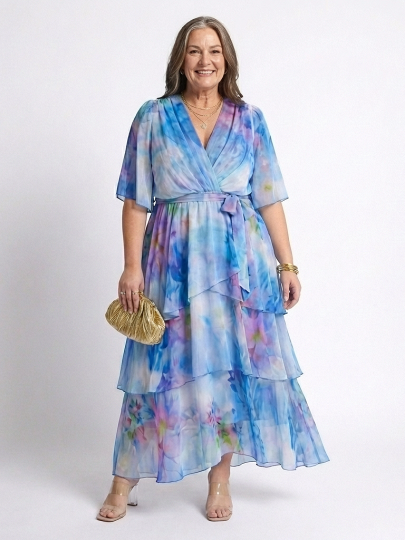 Calista | Przezroczysta, warstwowa sukienka maxi z dekoltem w kształcie litery V i wiązaniem w talii