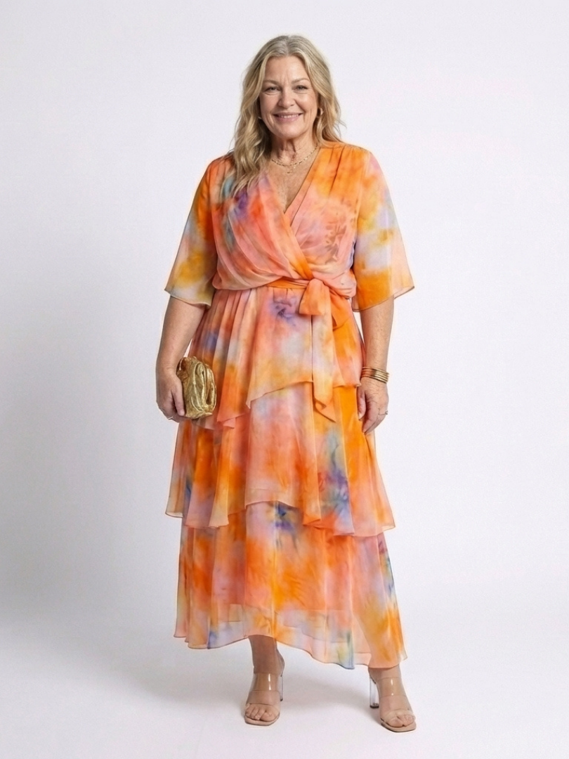 Calista | Przezroczysta, warstwowa sukienka maxi z dekoltem w kształcie litery V i wiązaniem w talii