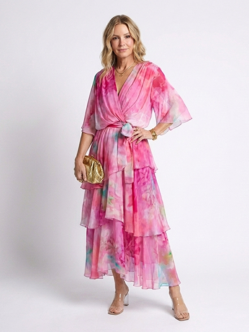 Calista | Przezroczysta, warstwowa sukienka maxi z dekoltem w kształcie litery V i wiązaniem w talii