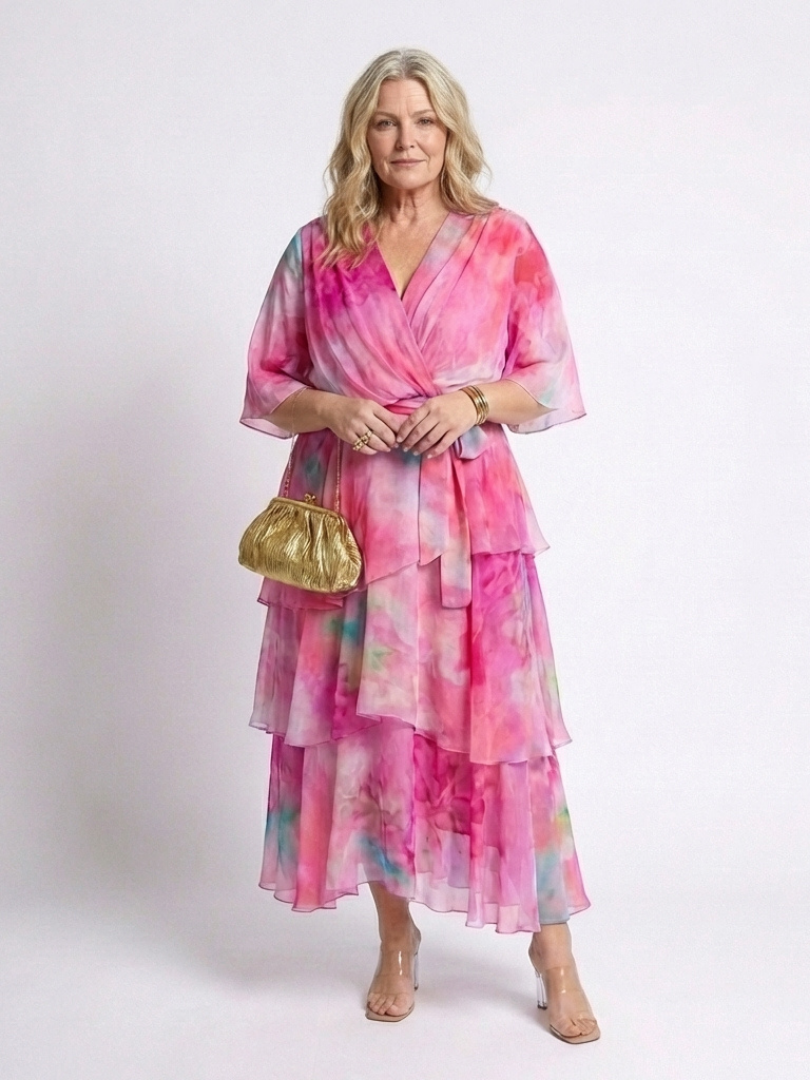 Calista | Przezroczysta, warstwowa sukienka maxi z dekoltem w kształcie litery V i wiązaniem w talii