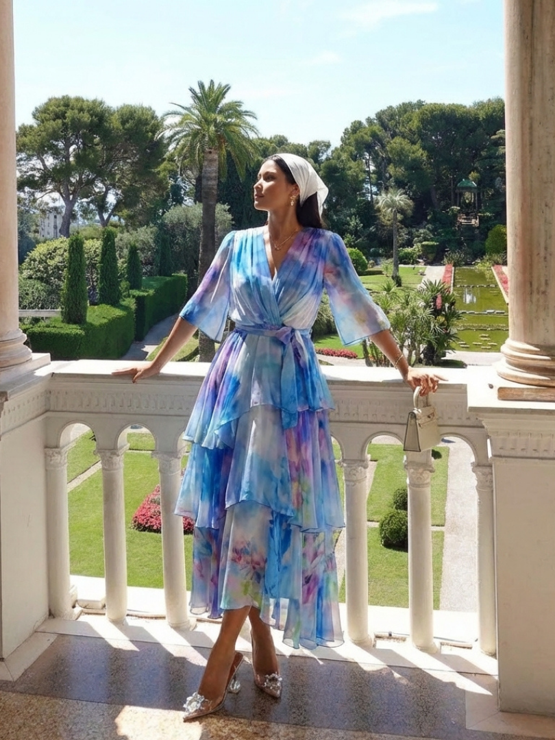 Calista | Przezroczysta, warstwowa sukienka maxi z dekoltem w kształcie litery V i wiązaniem w talii