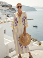 Aurelia | Sukienka maxi w paski z kwiatowym wzorem i dekoltem w serek, z półrękawem