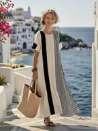 Elara | Sukienka maxi w paski z okrągłym dekoltem i krótkim rękawem