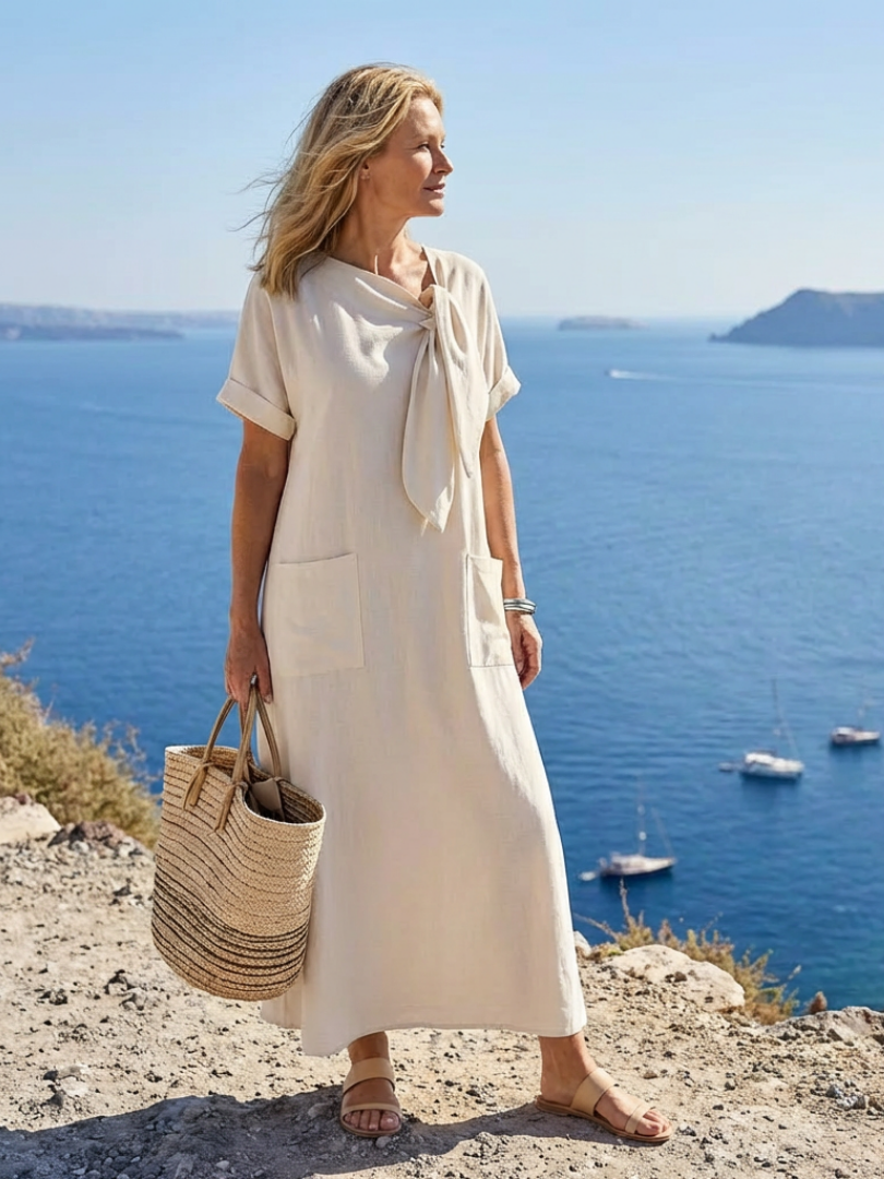 Elowyn | Sukienka maxi z okrągłym dekoltem i krótkim rękawem z kieszeniami