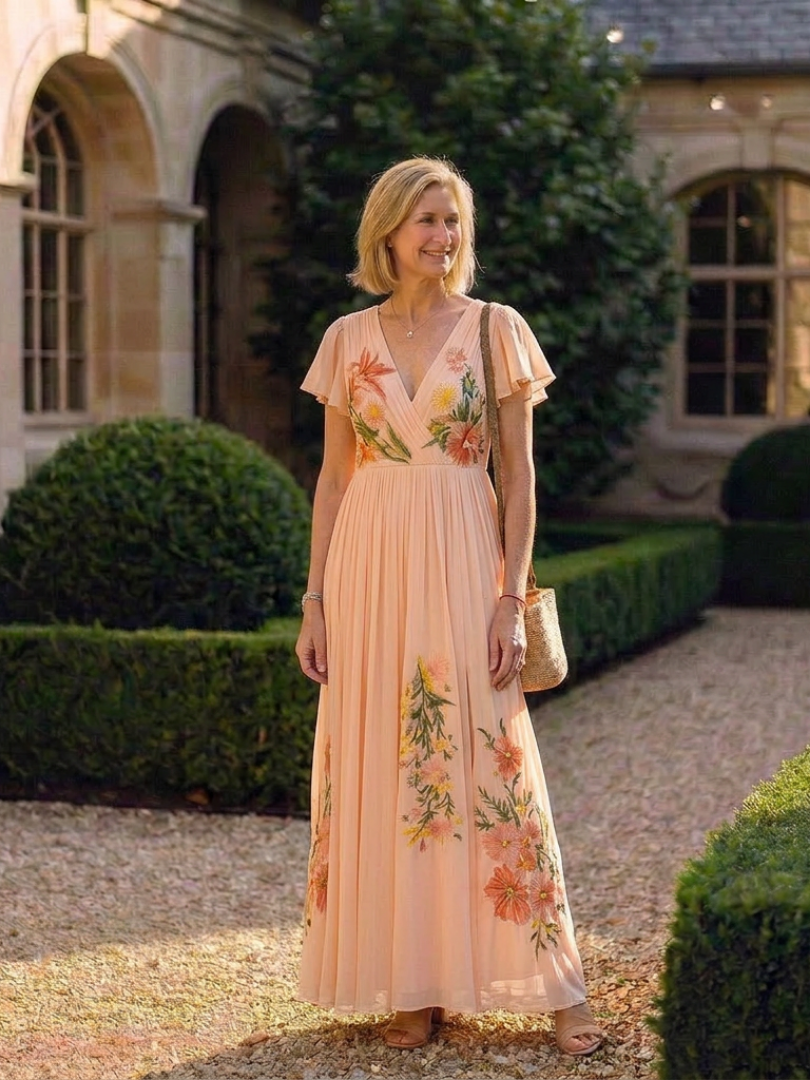 Calista | Sukienka maxi z dekoltem w kształcie litery V i krótkim rękawem, plisowana, w kwiaty