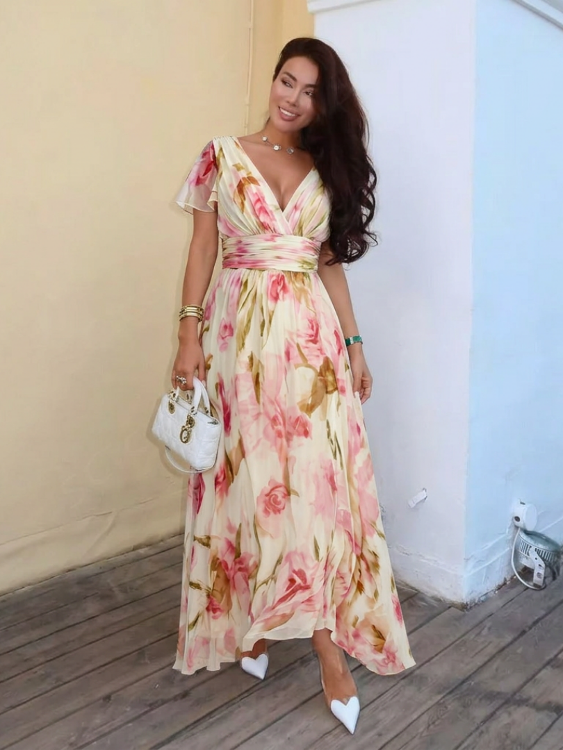 Elara | Sukienka maxi z krótkim rękawem i dekoltem w kształcie V